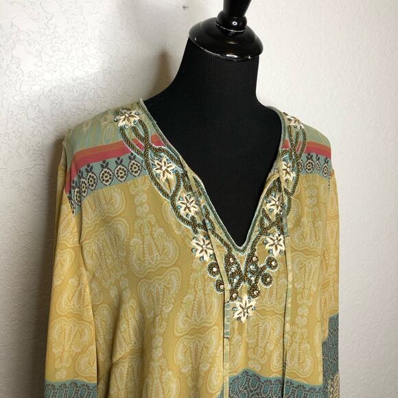Soft Surroundings yellow orange blue beaded sheer tunic top size Extra Large XL - Picture 2 of 16